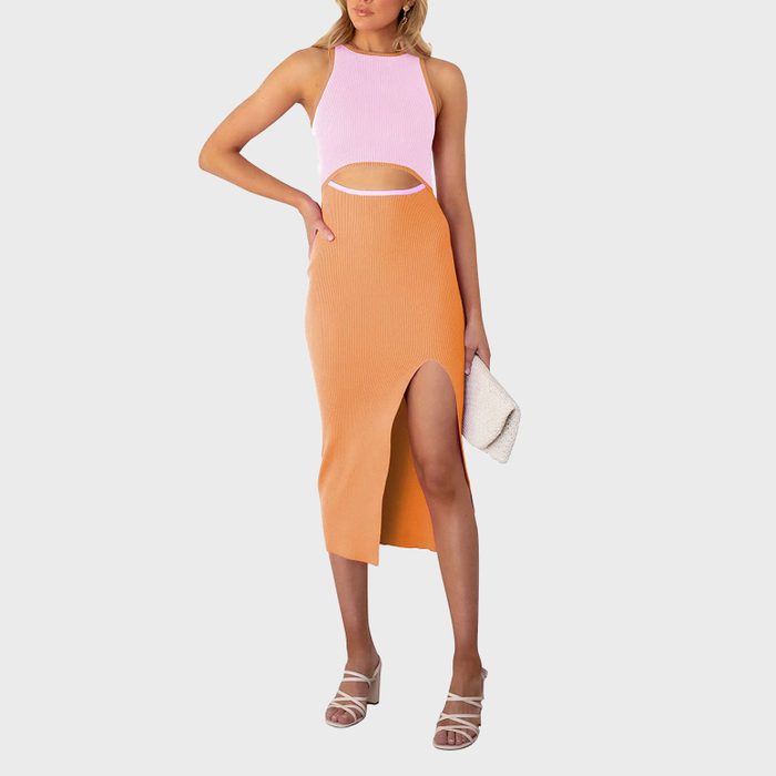 Pink Queen Womens Summer Cutout Midi Dress Crew Neck Sleeveless Tank Slit Ribbed Bodycon Dresses