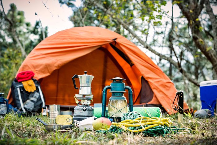 orange tent and camping supplies