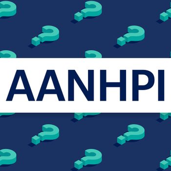 white bar with blue text that reads "Aanhpi" over a background with a question mark pattern