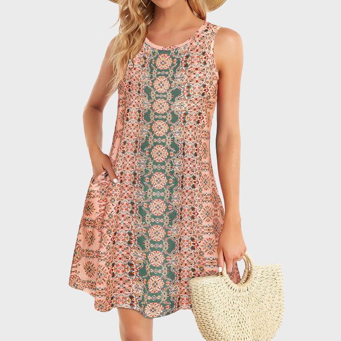 Summer Dresses For Women Beach Boho Sleeveless Vintage Floral Flowy Pocket Tshirt Tank Sundresses