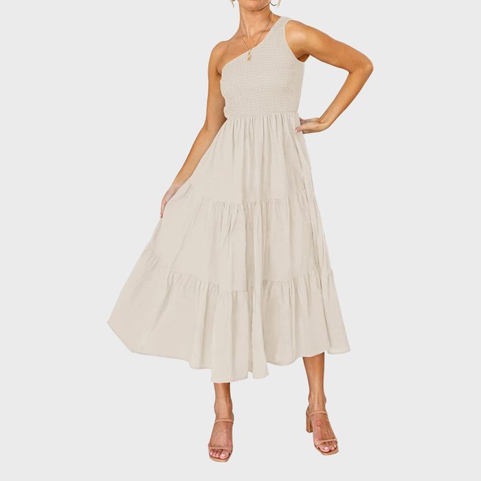 Zesica Womens Bohemian Summer Floral Print One Shoulder Sleeveless Smocked Ruffle Tiered Beach Long Midi Dress