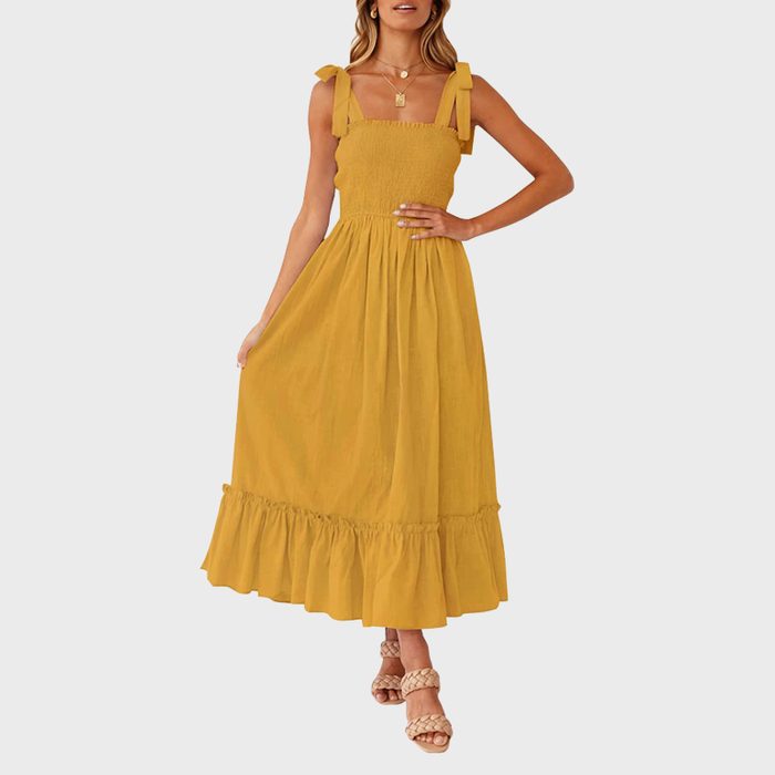 Zesica Womens Summer Boho Spaghetti Strap Square Neck Solid Color Ruffle A Line Beach Long Maxi Dress