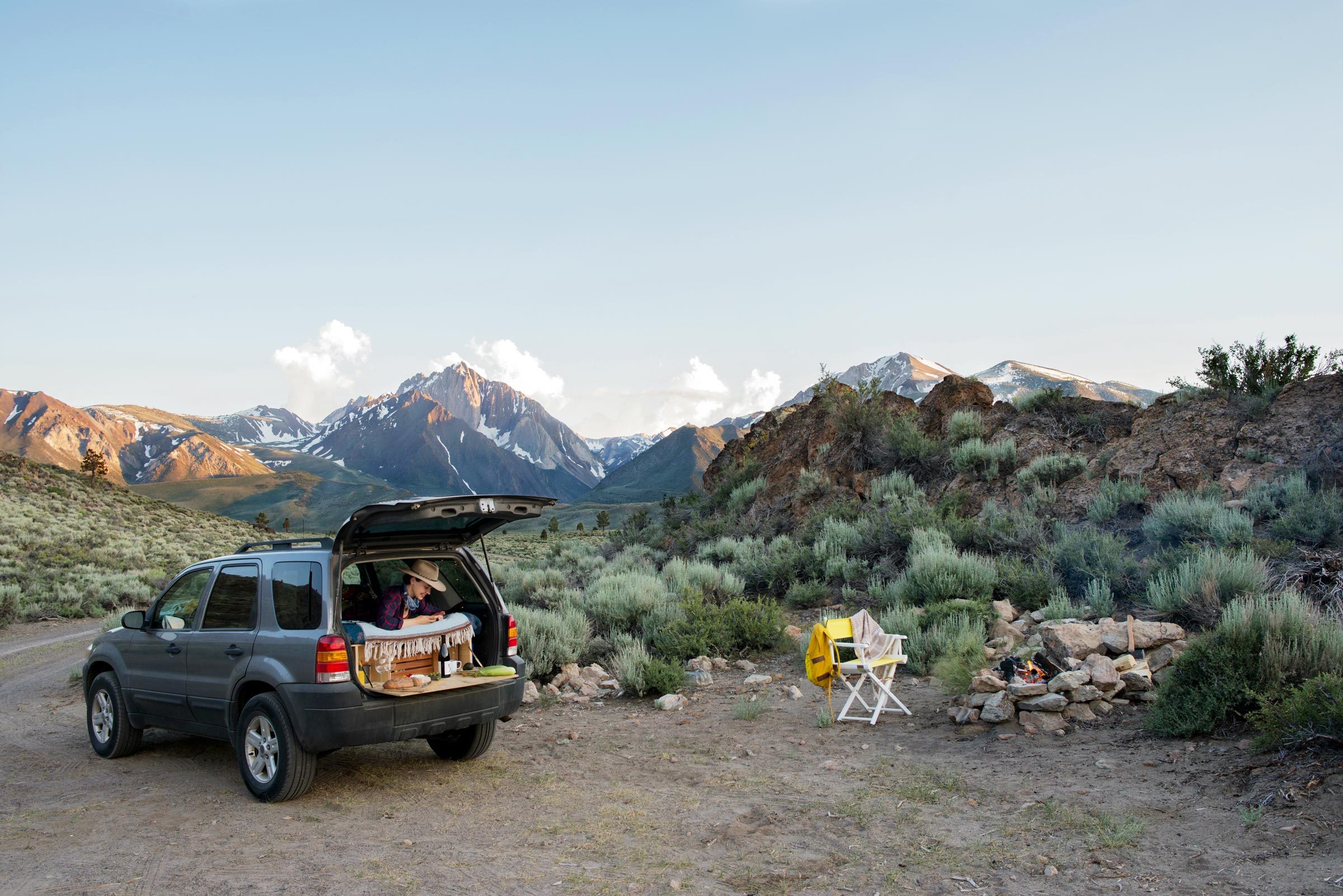 Car Camping in the high desert with beautiful mountain range in the background