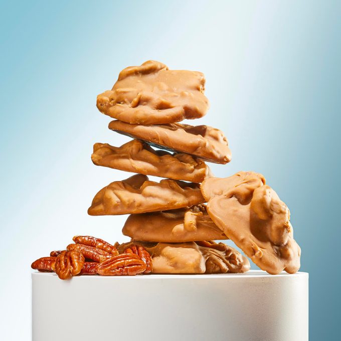 Pecan pralines on a pedestal