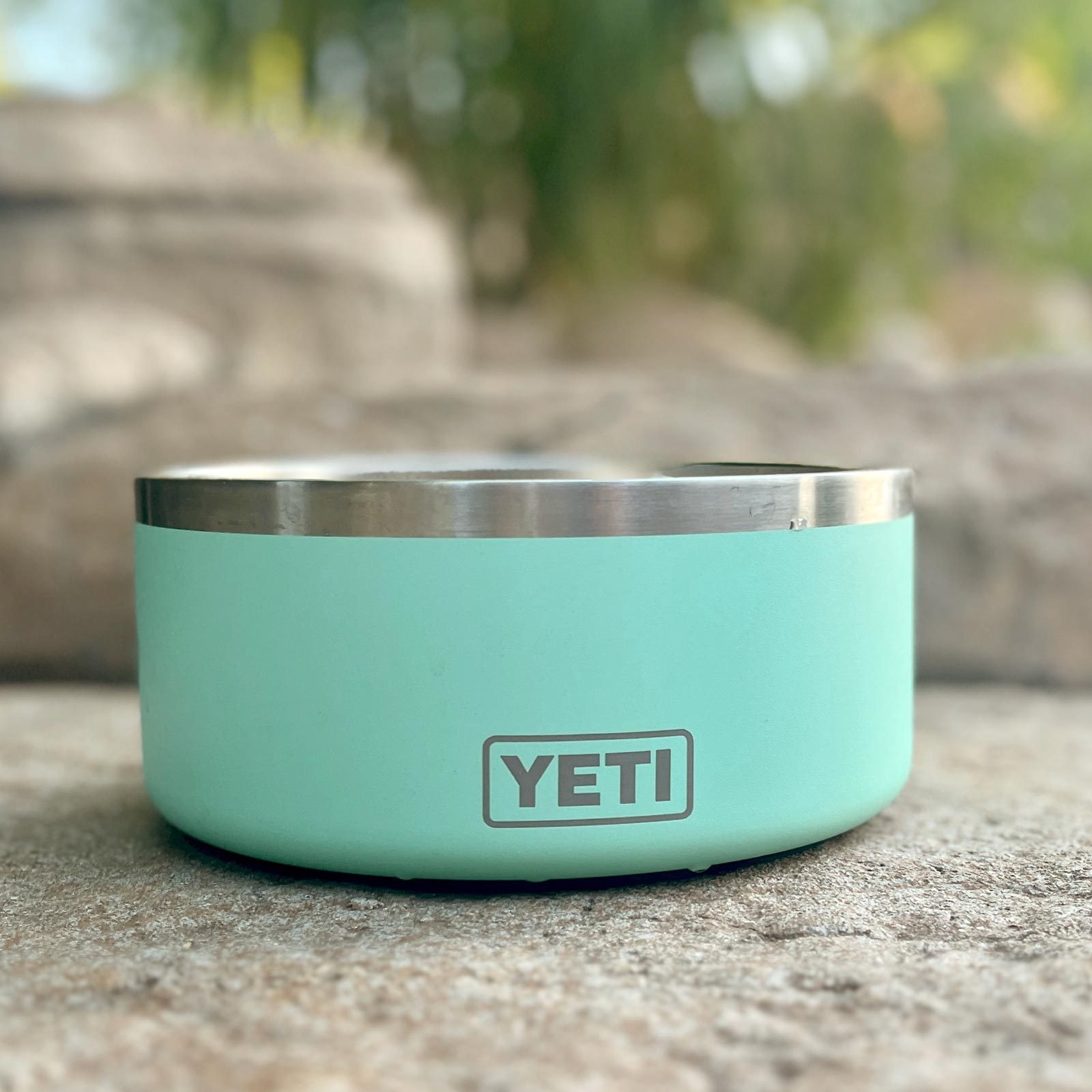 Yeti Boomer on a rock outside