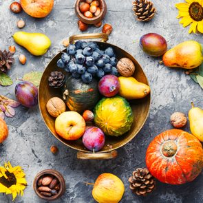 Fall Food still life with grapes, pumpkins, apples, pears, plums, sunflower, nuts and pinecones