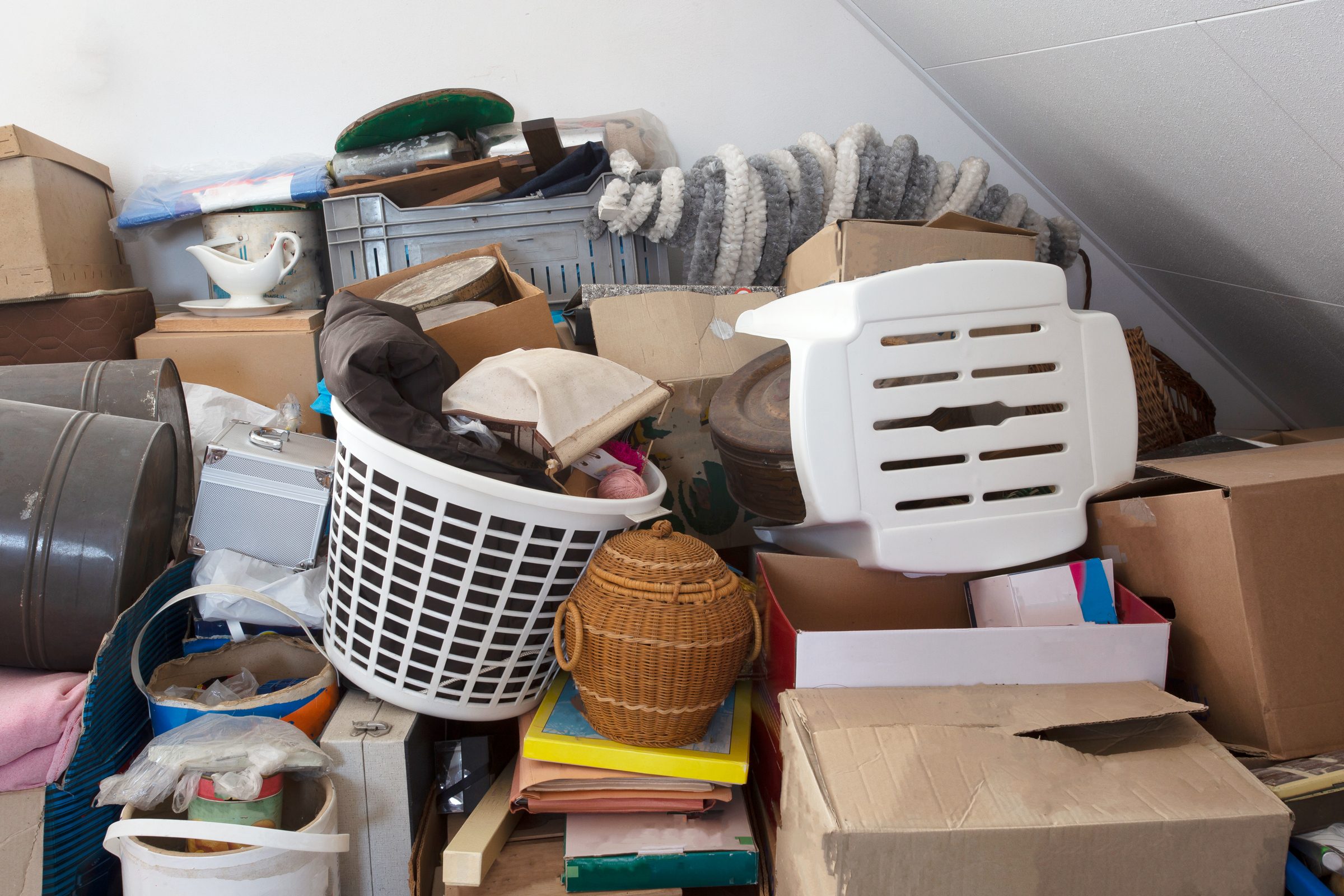 messy attic filled with boxes and stuff