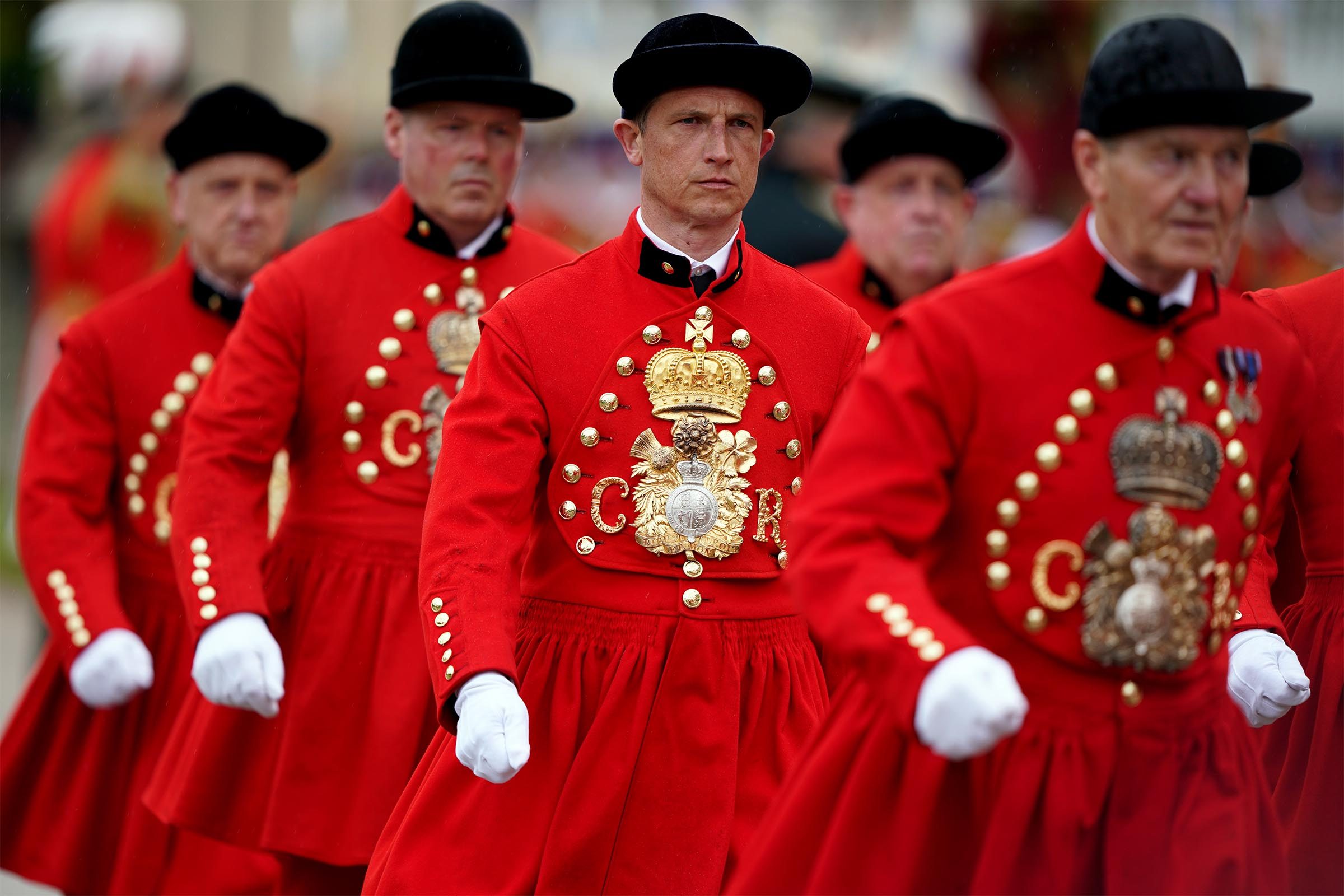 The King's Cypher on a ceremonial uniform, pictured at Buckingham Place on May 6, 2023 in London, England.