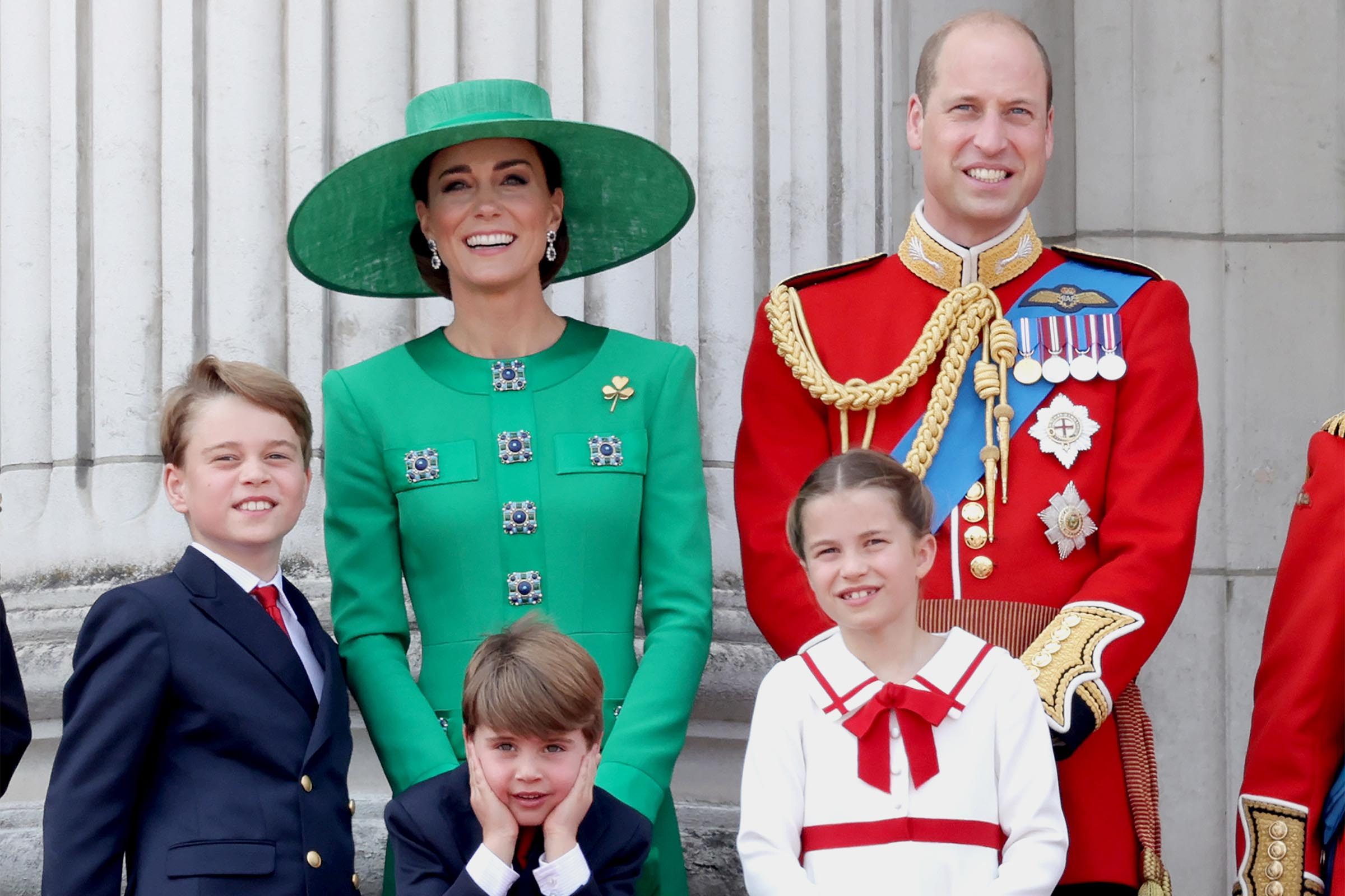Prince William, Prince of Wales, Prince Louis of Wales, Catherine, Princess of Wales , Princess Charlotte of Wales and Prince George of Wales on the Buckingham Palace balcony during Trooping the Colour on June 17, 2023 in London, England.