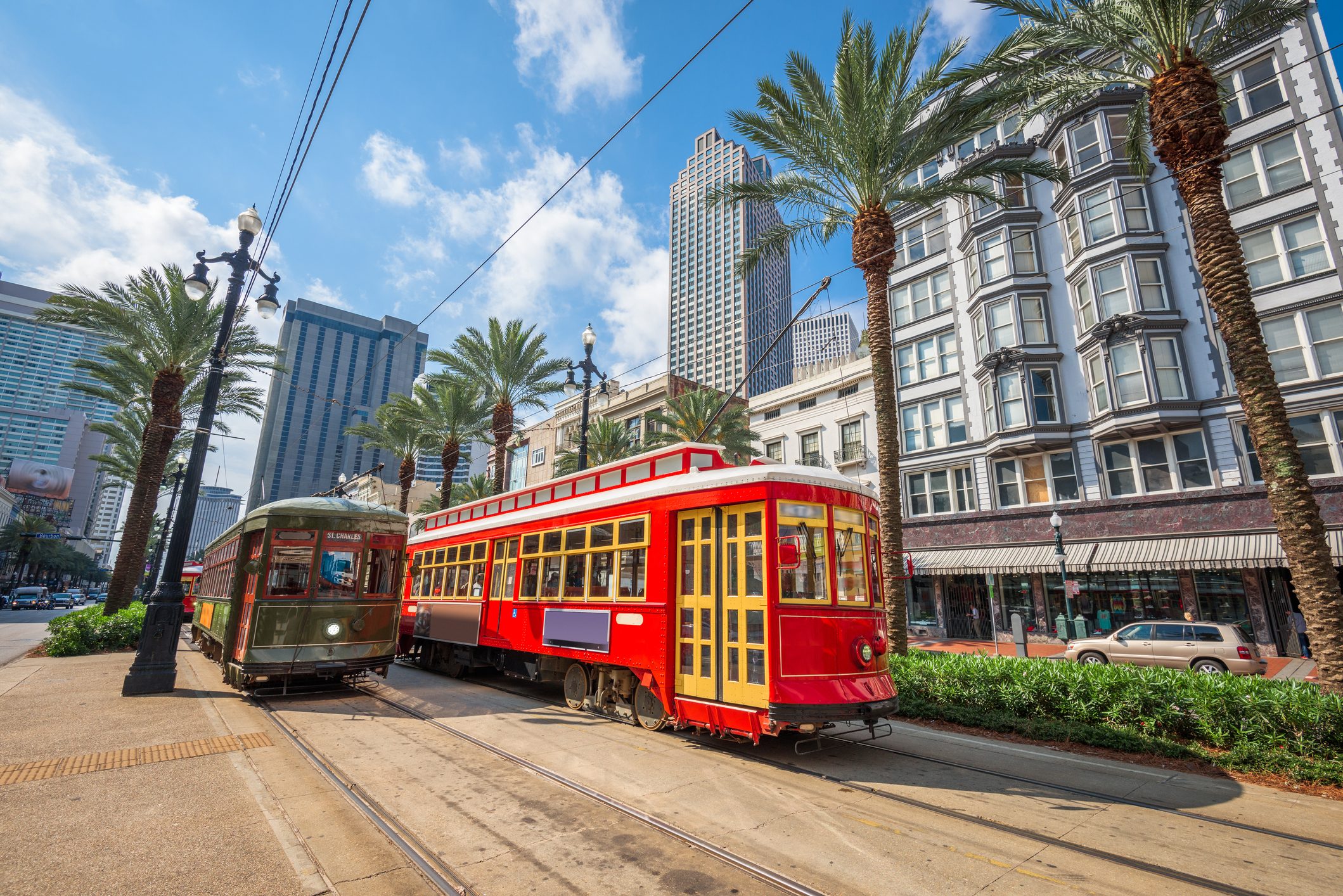 New Orleans, Louisiana, USA downtown cityscape with and trollies.