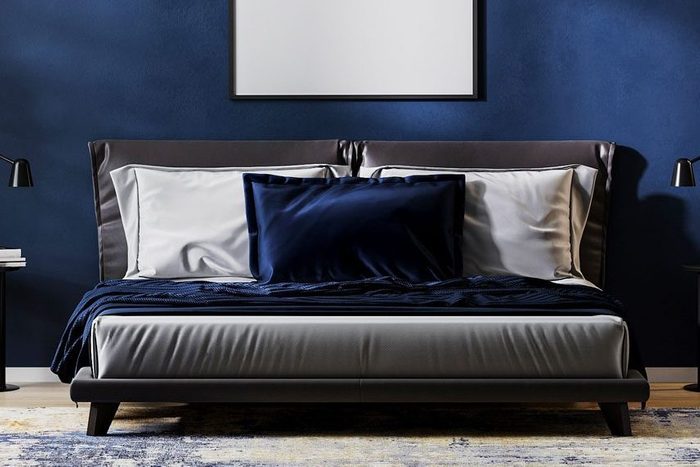 Horizontal Frame Mock Up In Modern Bedroom Interior Background With Empty Dark Blue Wall 3d Rendering