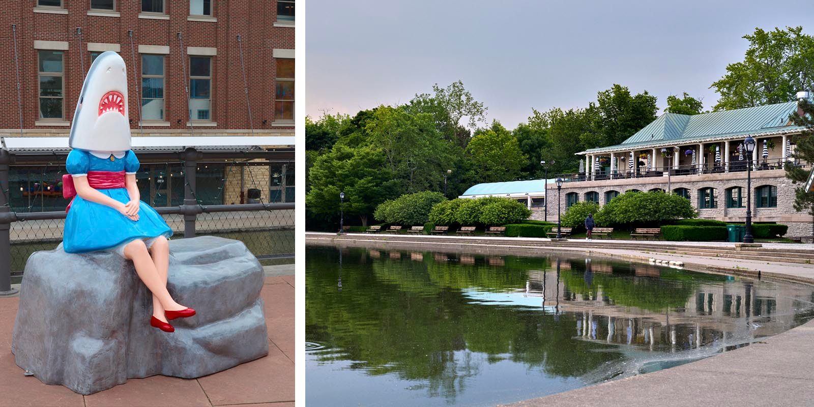 Left: Shark Girl, part of the Buffalo AKG Art Museum’s Public Art Initiative, by artist Casey Riordan. Right: The Terrace at Delaware Park