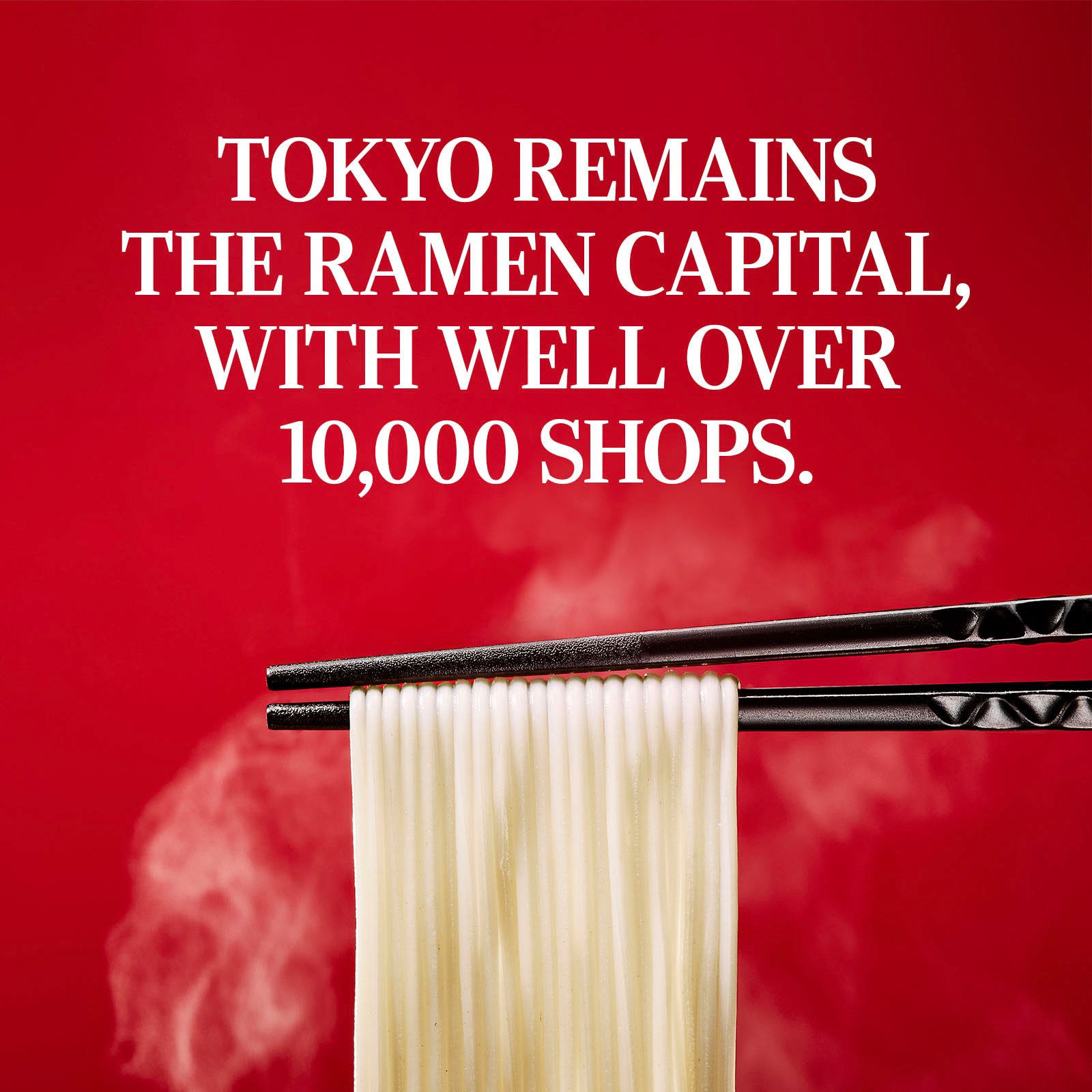 Traditional ramen against bright, colorful backdrops (red, yellow, white, and black).