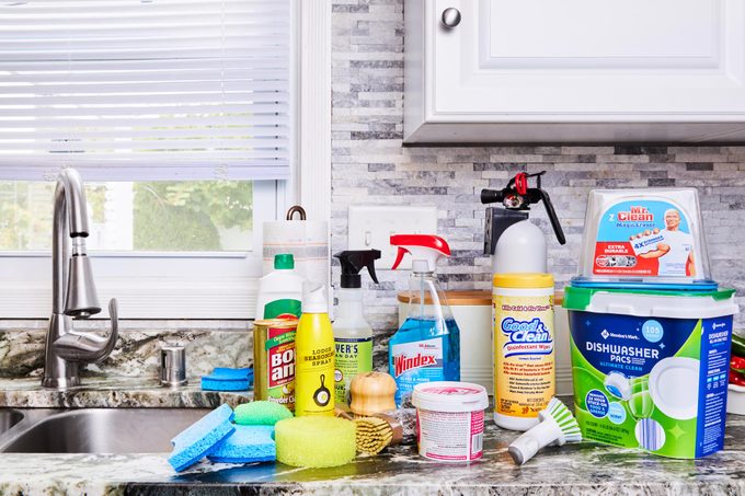 cleaning supplies next to a kitchen sink
