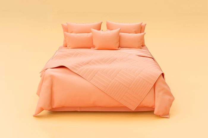 Pastel bedroom scene with double sheet, duvet, pillows. Pastel colored room in interior, flat style single color composition, 3d rendering