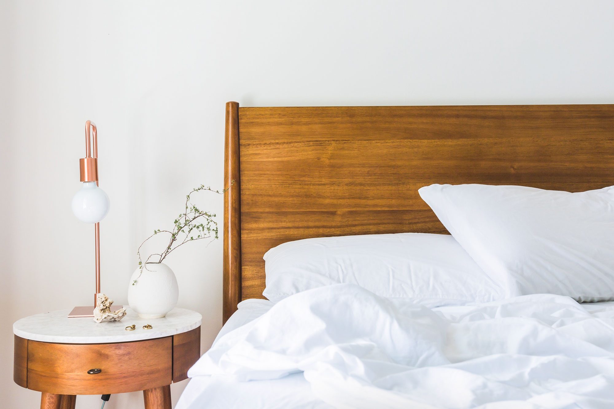 Bed With Wooden Headboard and A Lamp on Table, Empty Bed At Home,indonesia