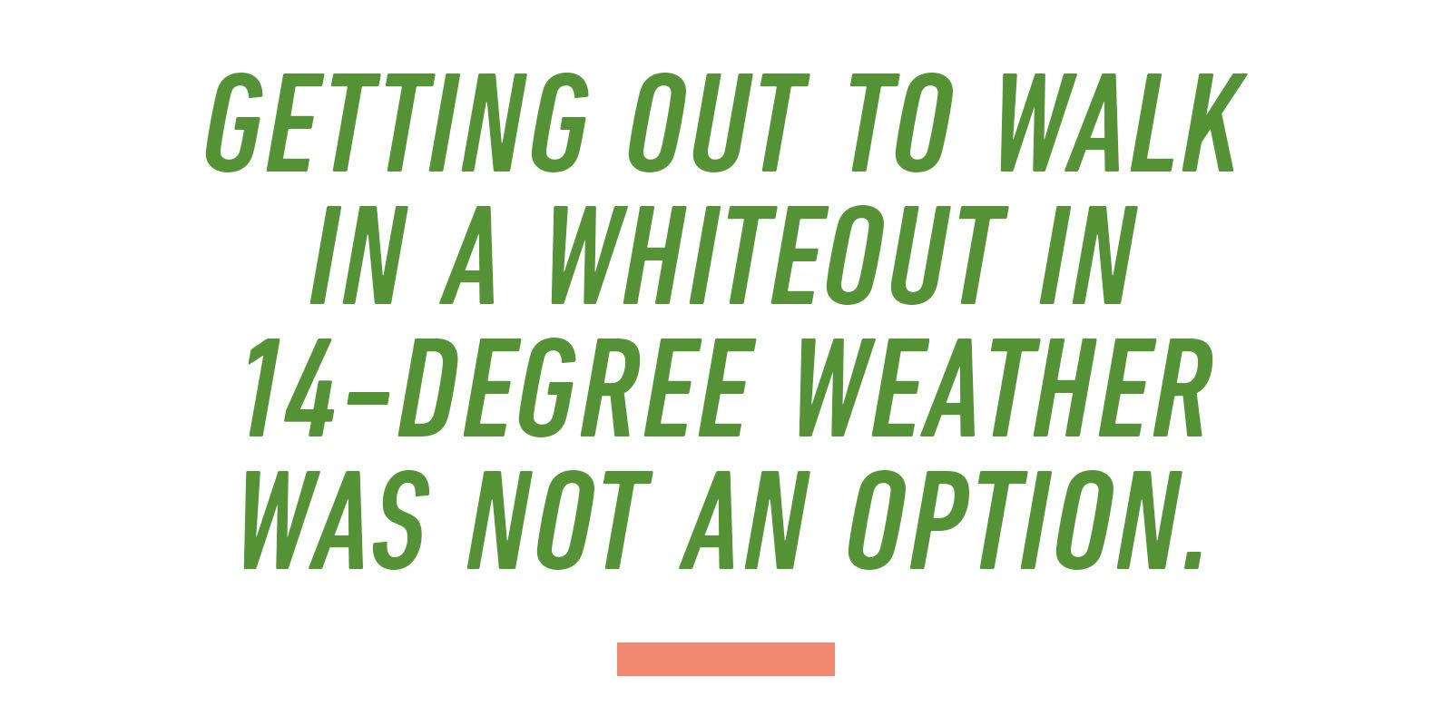 Quote Text: Getting out to walk in a whiteout in 14-degree weather was not an option.