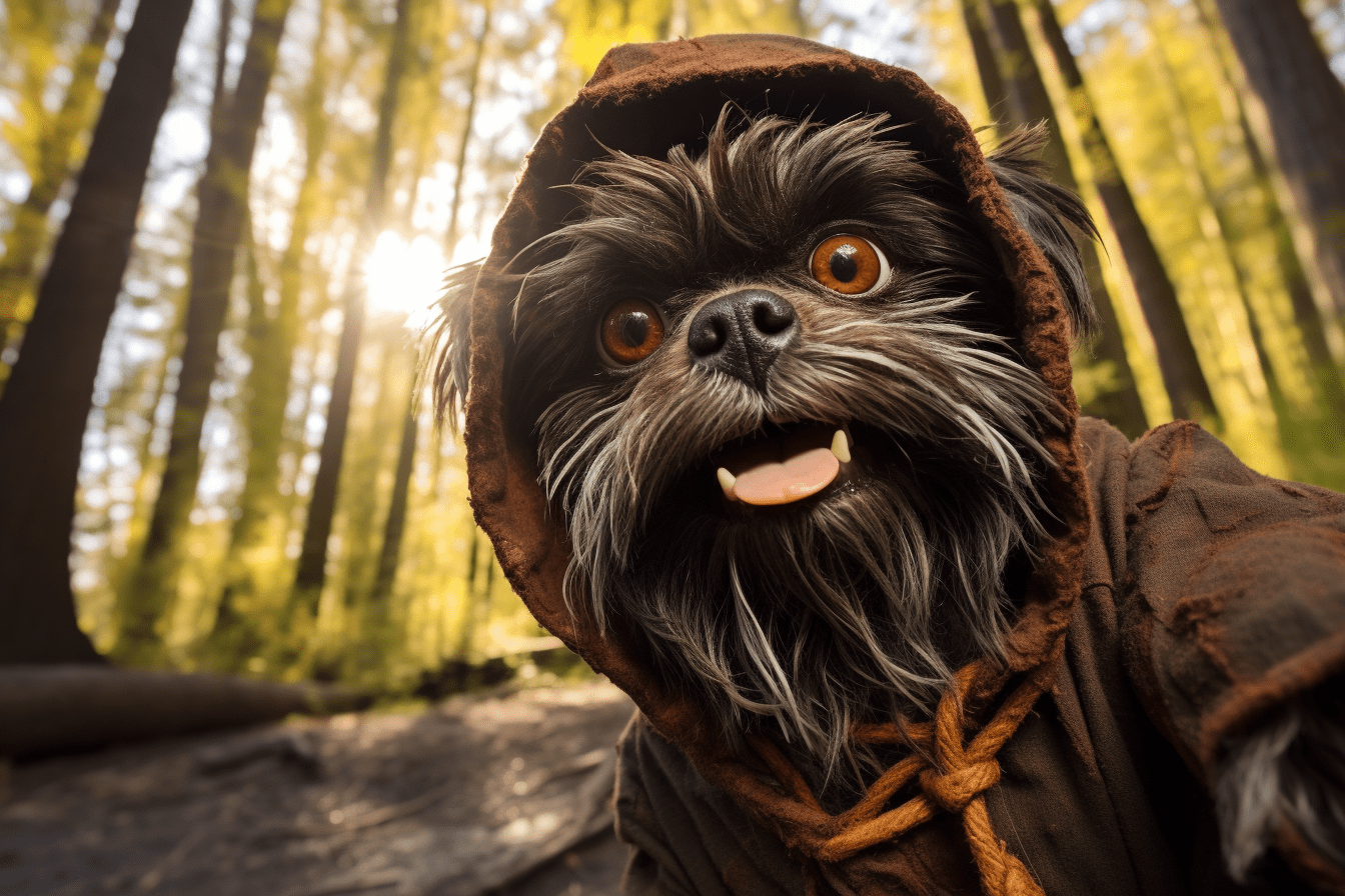 Affenpinscher taking a selfie while dressed as an ewok on endor