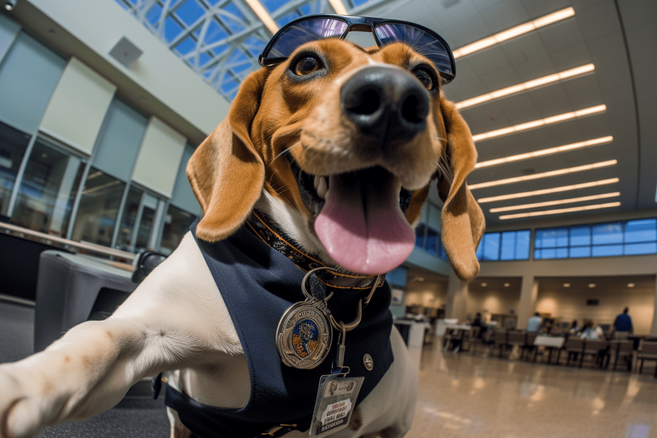 Beagle taking a selfie while working as a TSA agent in an airport