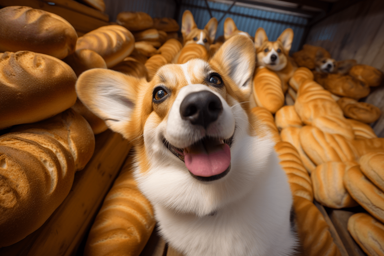 Corgi taking selfie with other corgis among shelves of loaves of bread