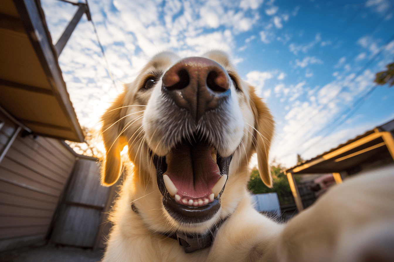 dog taking a creative selfie outdoors at home