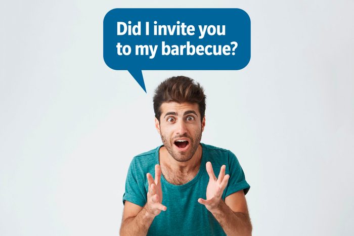 Surprised man delivering a comeback roast, speech bubble text: "Did I invite you to my barbecue?"