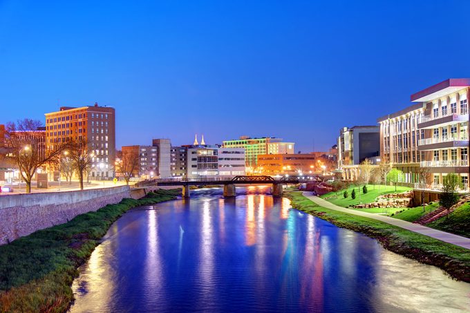 Nighttime city skyline of Sioux Falls, South Dakota, the most populous city of South Dakota