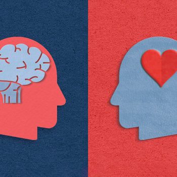 Paper craft illustration of one head with a brain and one head with a heart