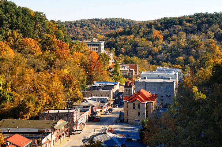 Eureka Springs, Arkansas pictured above from the sky in the fall season