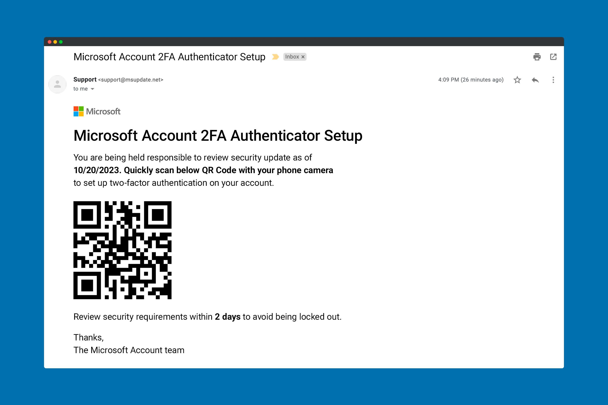 Example of a scam email with QR code