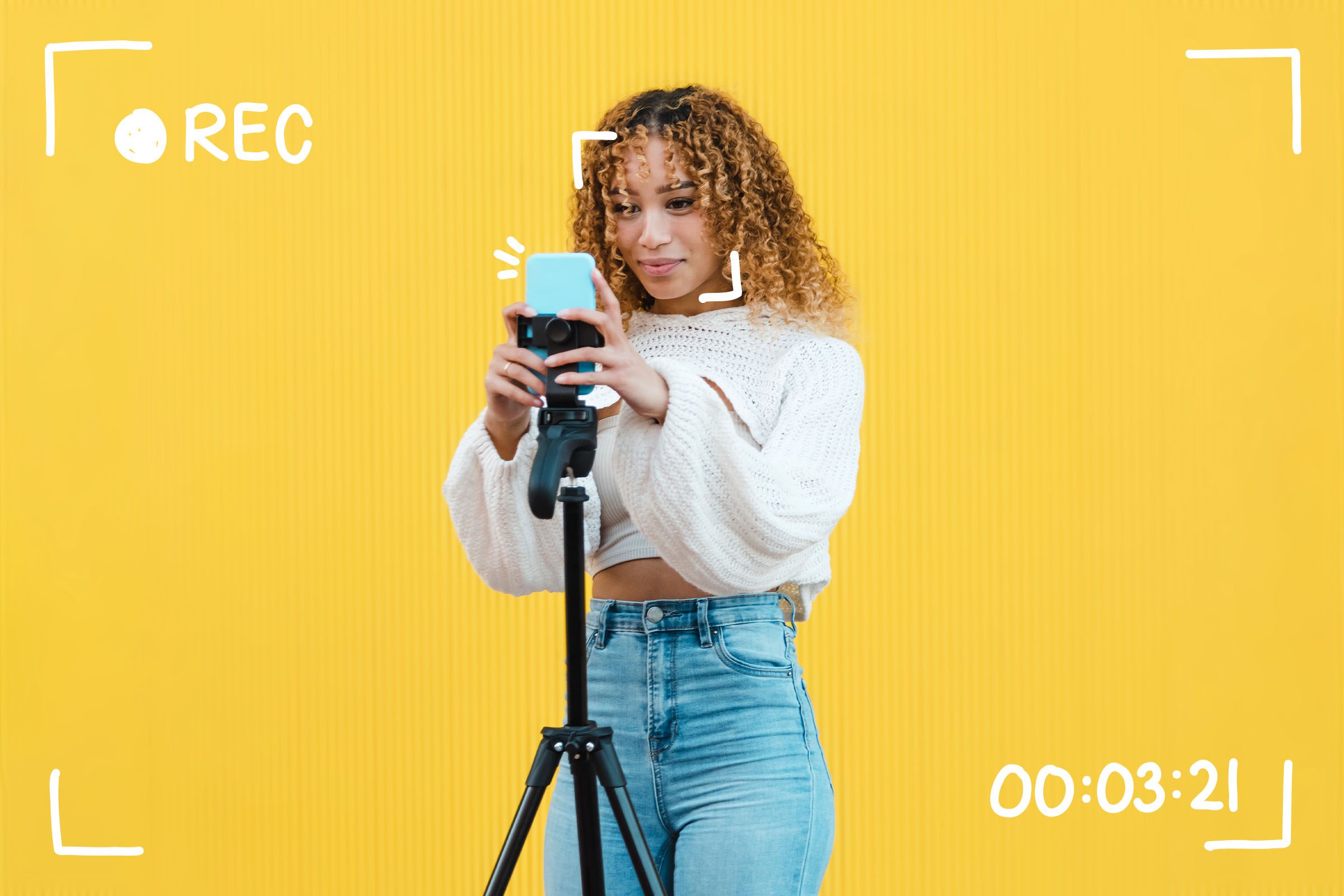 woman setting up phone to film, video recording frame doodles