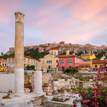 Remains of Hadrian's Library and Acropolis in the old town of Athens,