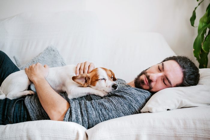 dog sprawled on sleeping man