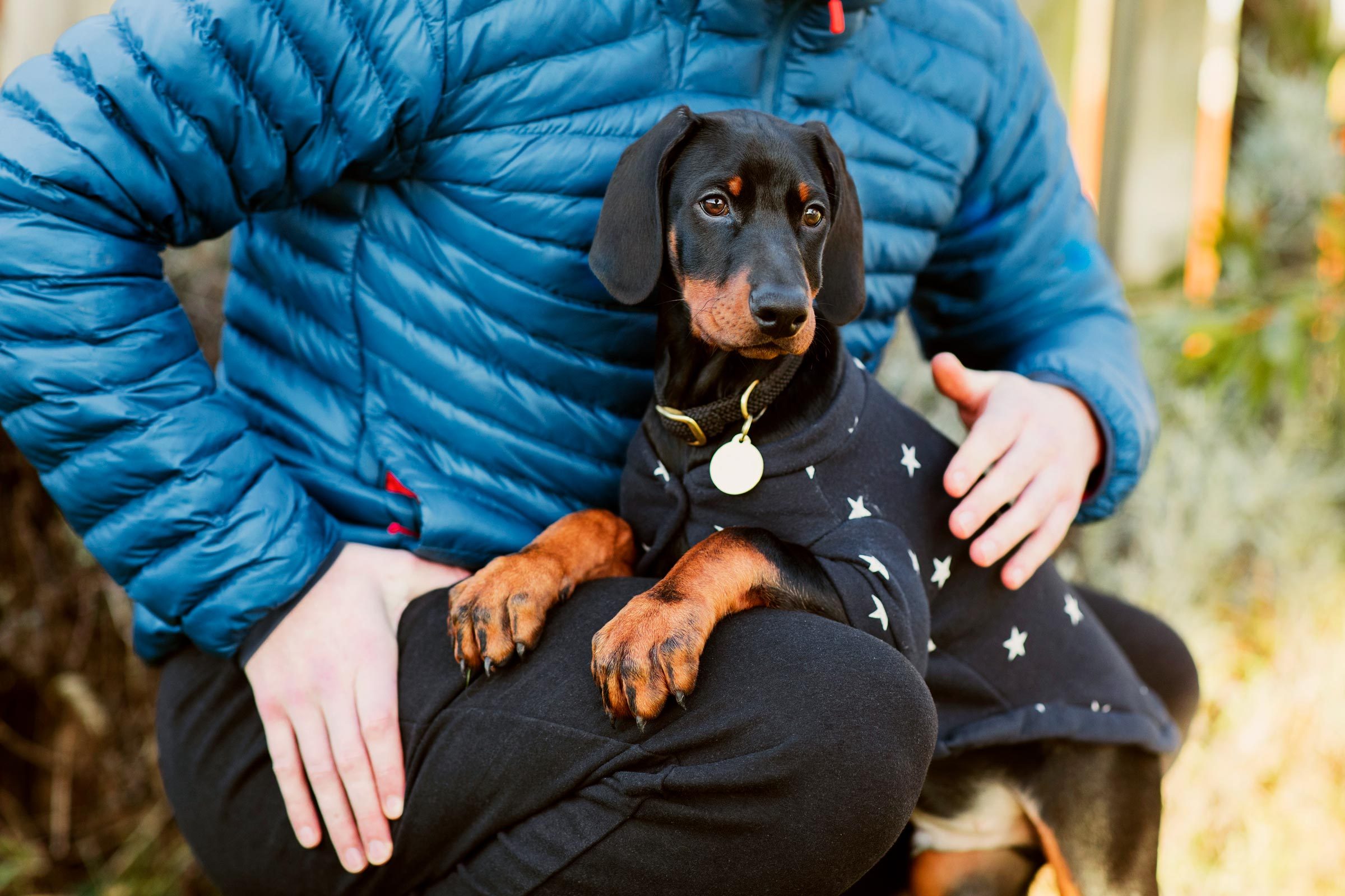 man sitting with a puppy