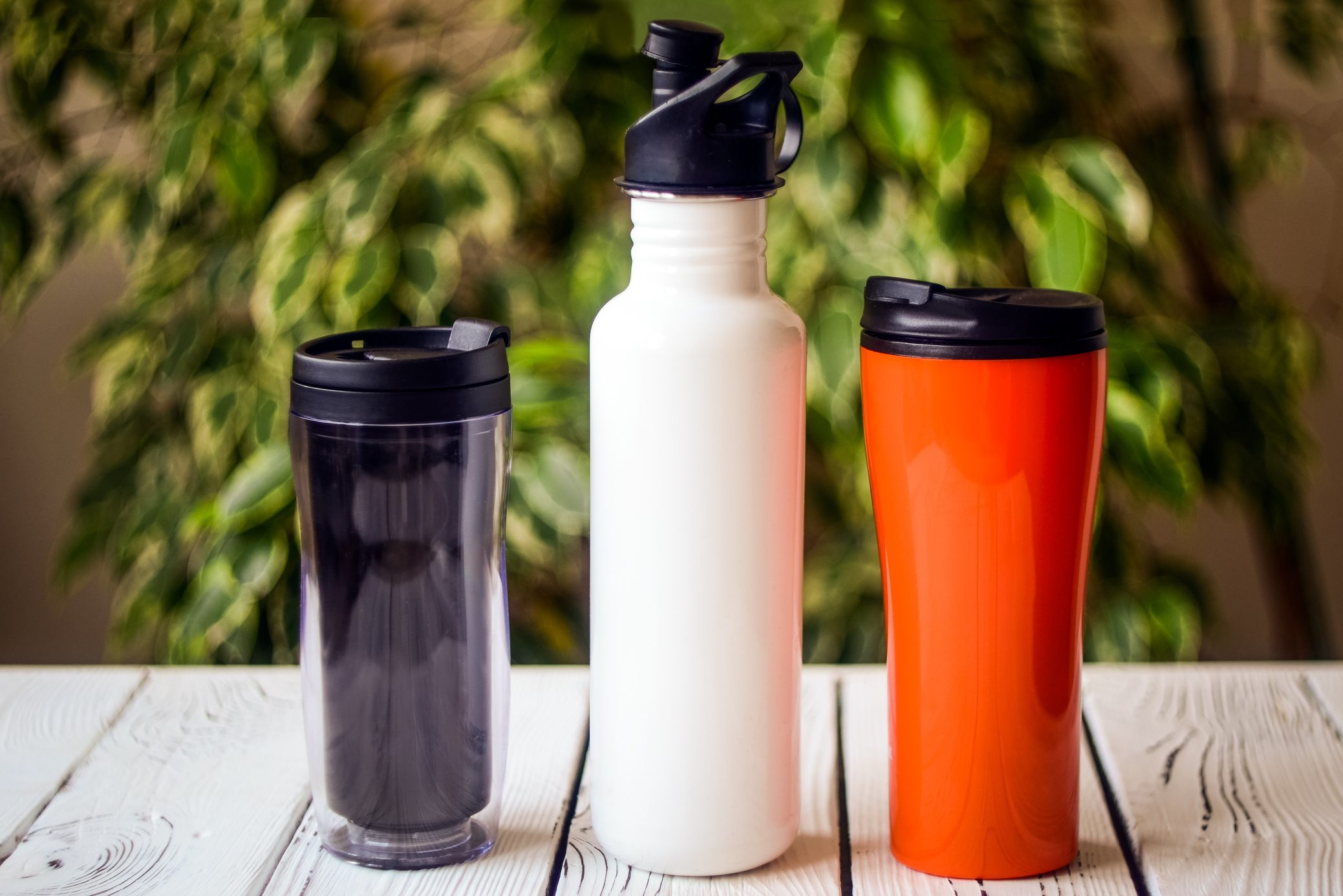 Reusable water bottles on a table