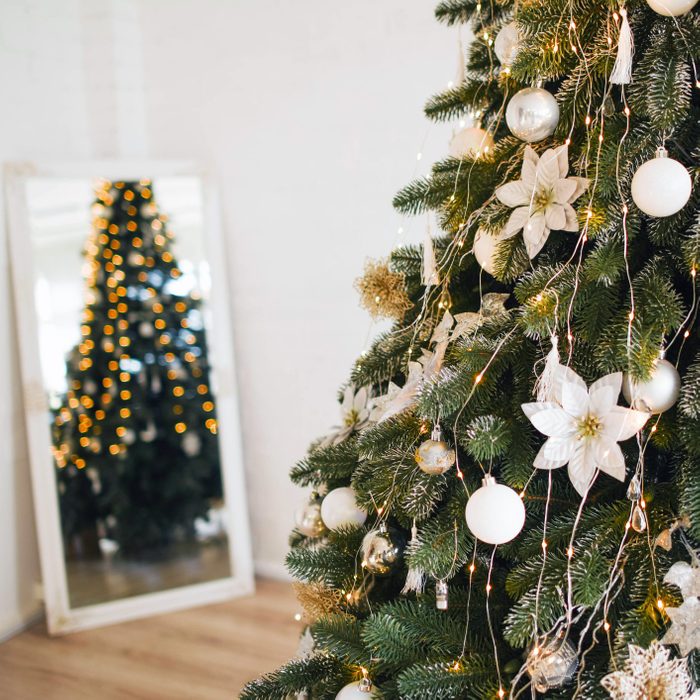 The Christmas tree is decorated with beautiful toys.