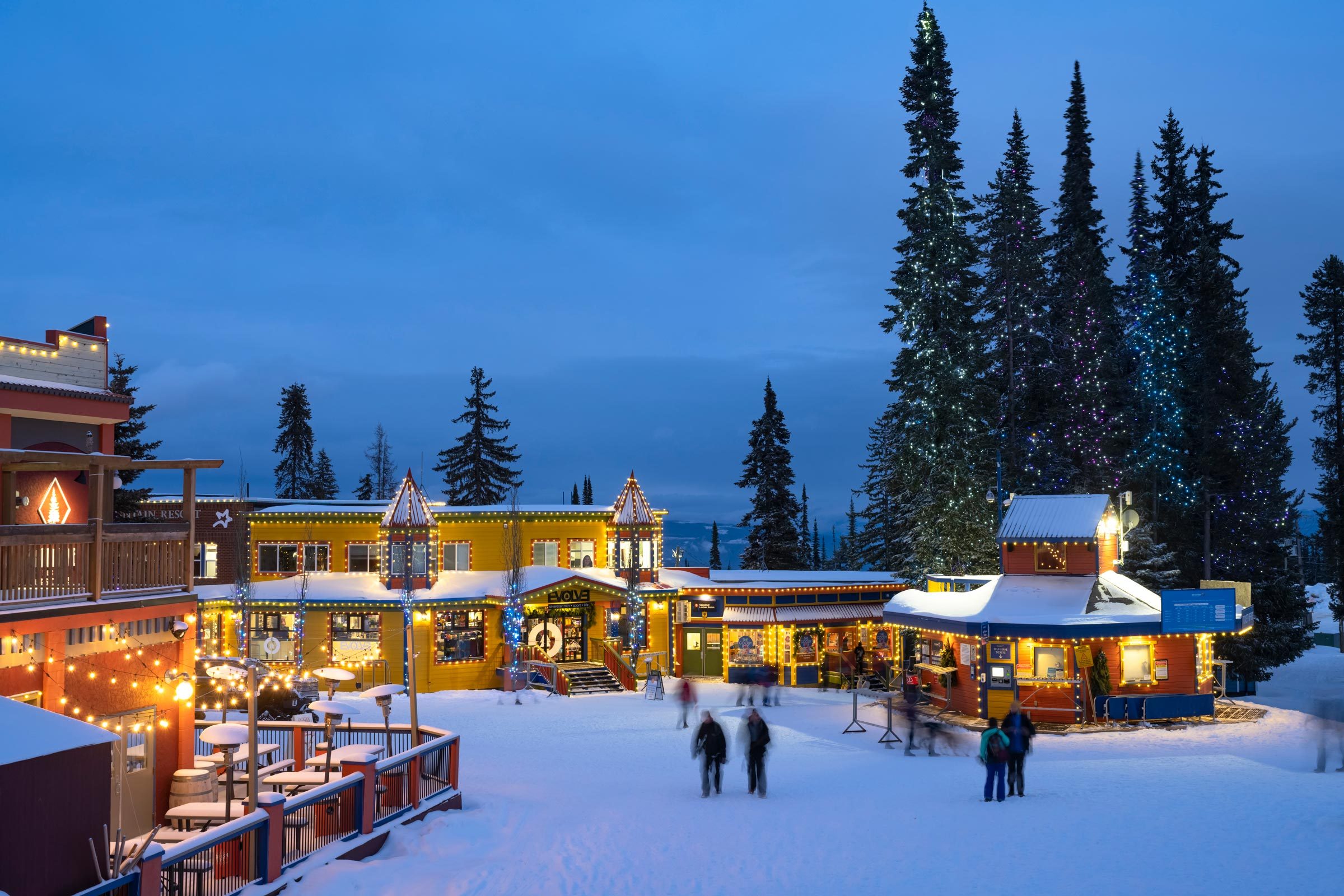 Ski resort village at dusk