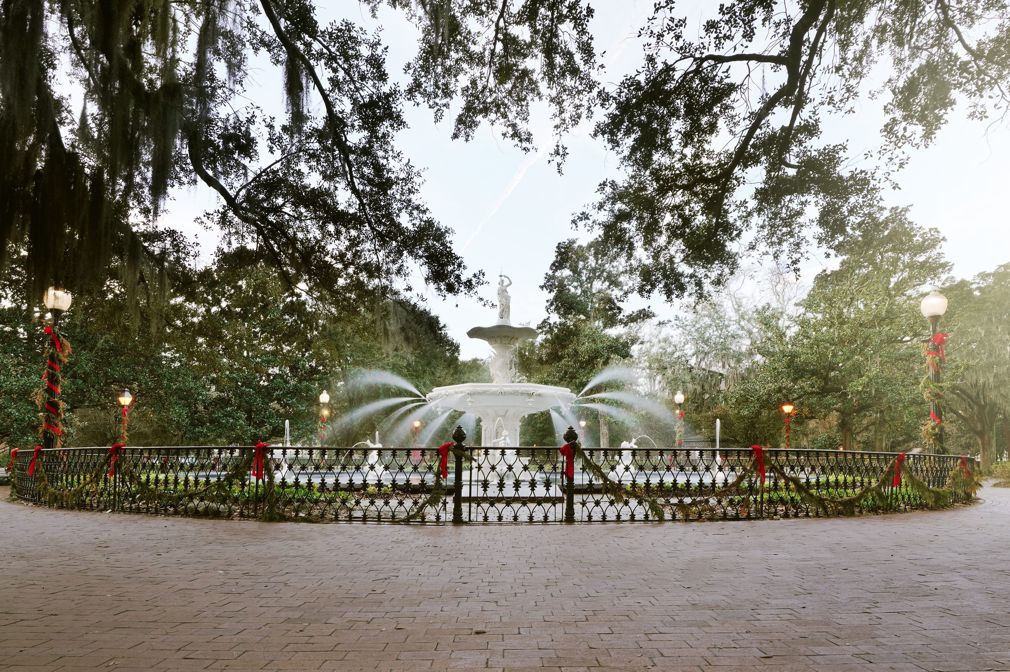 The fountain at Forsyth Park decorated for Christmas, in Savannah Georgia