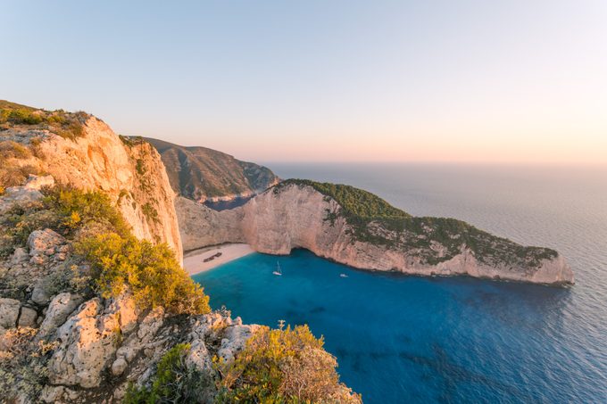 Sunset on famous Navagio shipwreck beach, Zakynthos, Greece