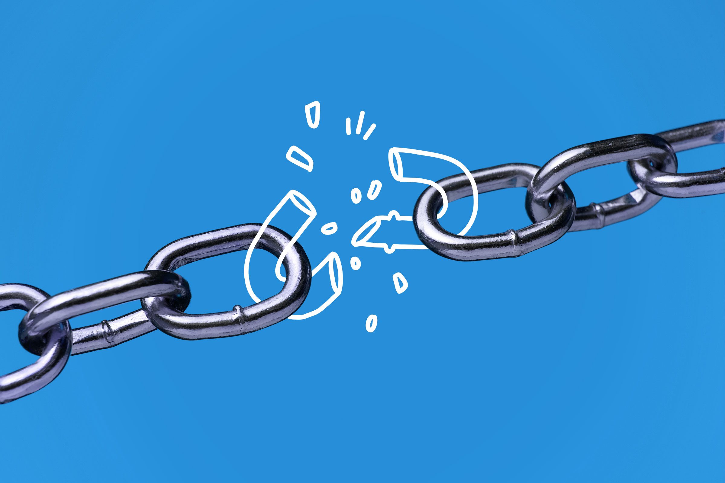 Metal chain breaking on a blue background, broken chain doodle