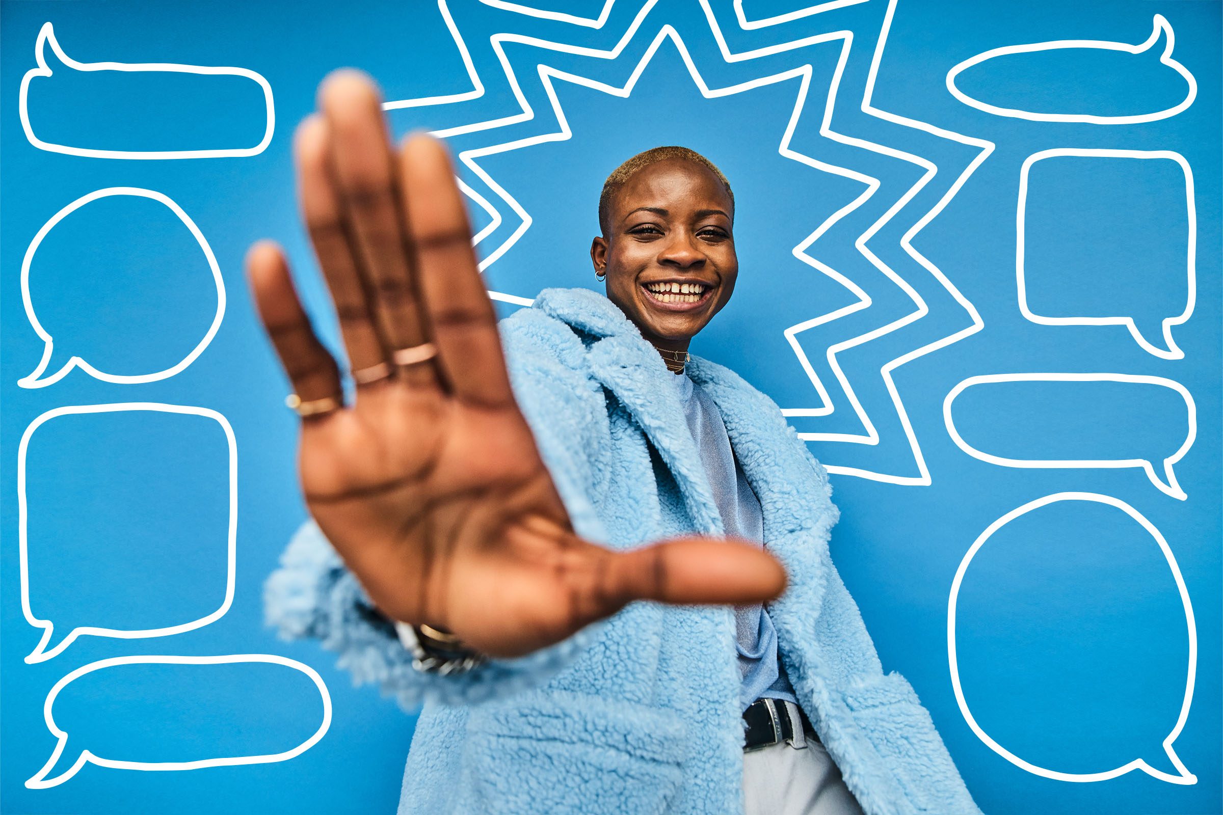 woman holding out hand in a stop position, speech bubble doodles