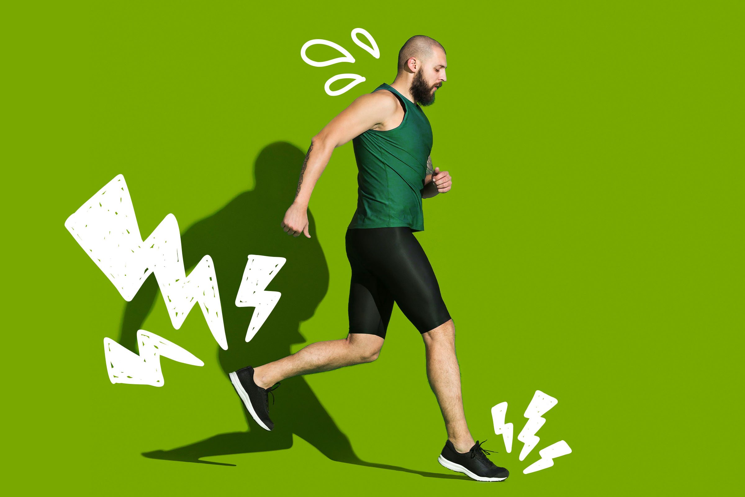 Bearded man jogging in front of green background. Doodles of lightning bolts and sweat