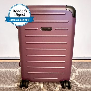 Purple Solgaard Carry On Closet with RD Editor Tested sticker on upper left side