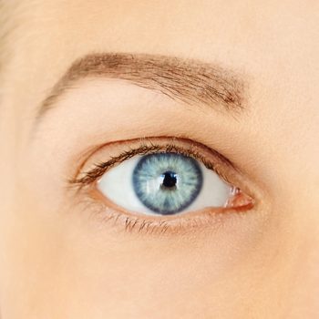 Close-up of female blue eye without make-up