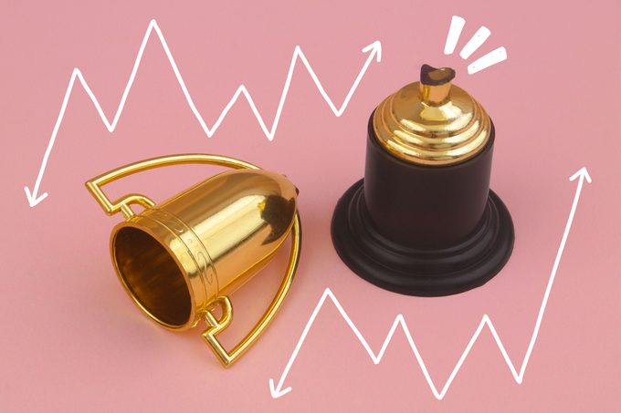 Broken trophy on pink background, success and failure doodles