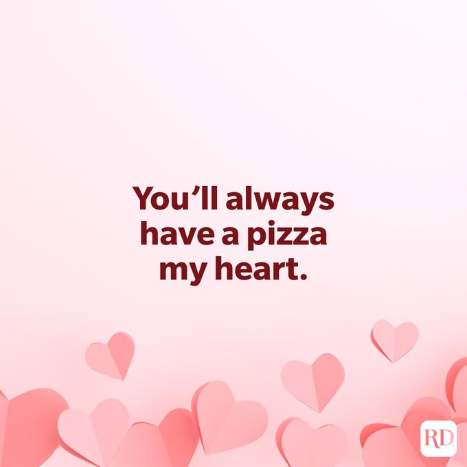 Galentines Day Quotes To Make Your Gal Pals Day pun "You'll always have a pizza my heart." on a pink background with paper origami hearts