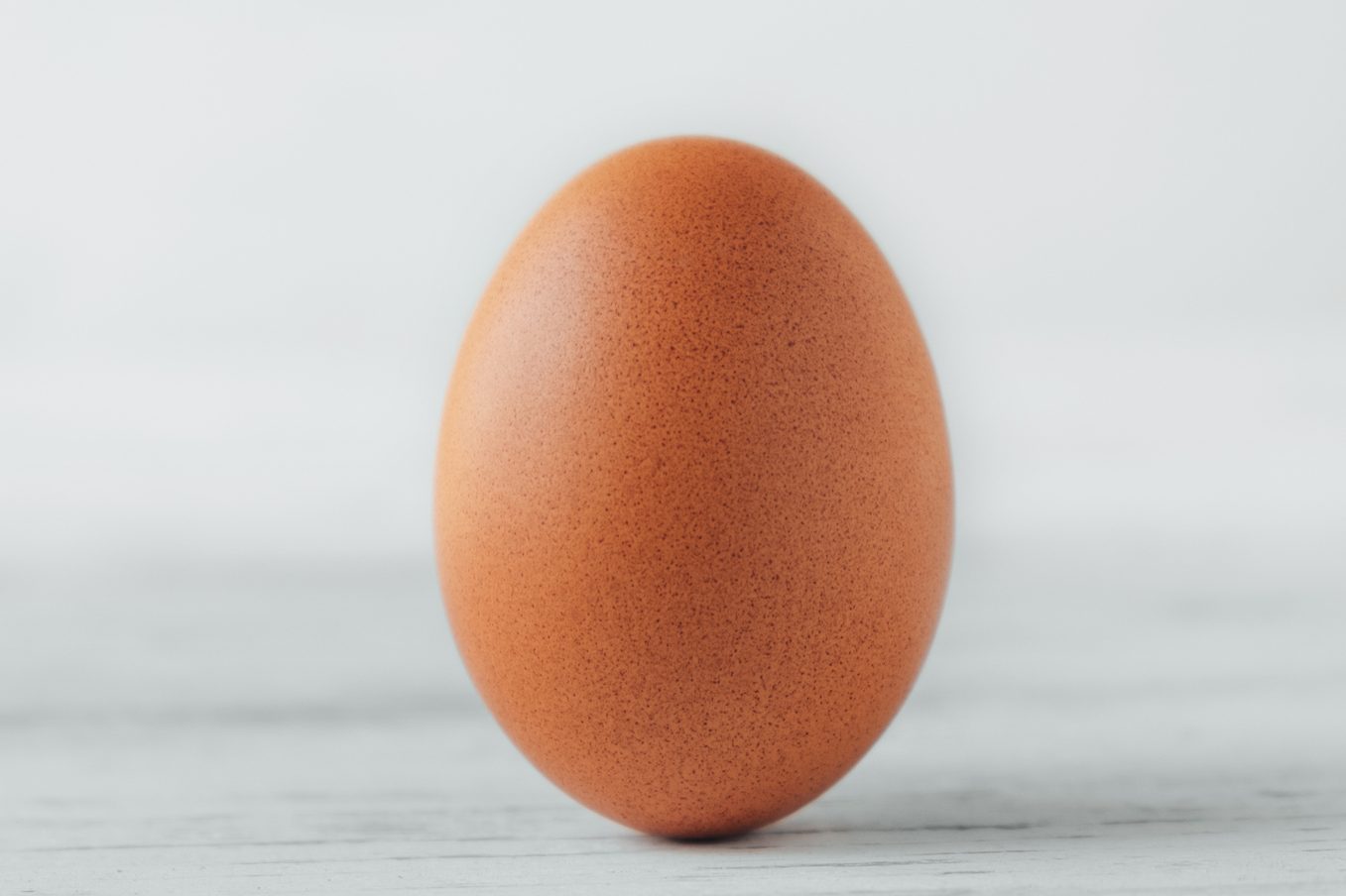 Brown chicken egg stands on wooden table on white background.