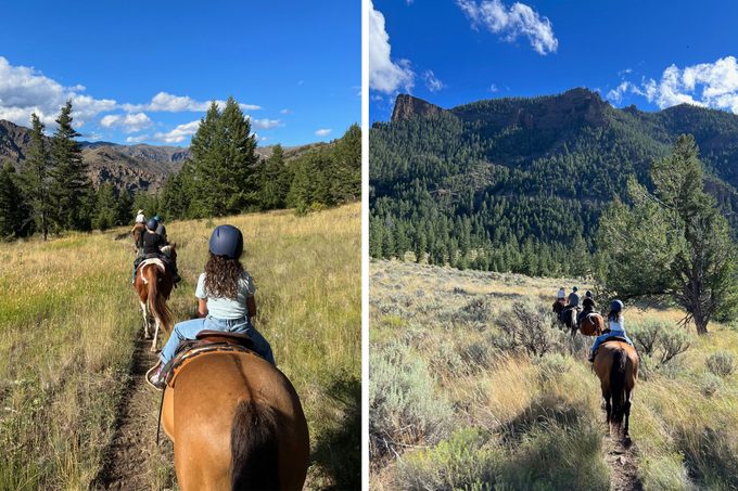Families riding horses with helmets on their head on mountains