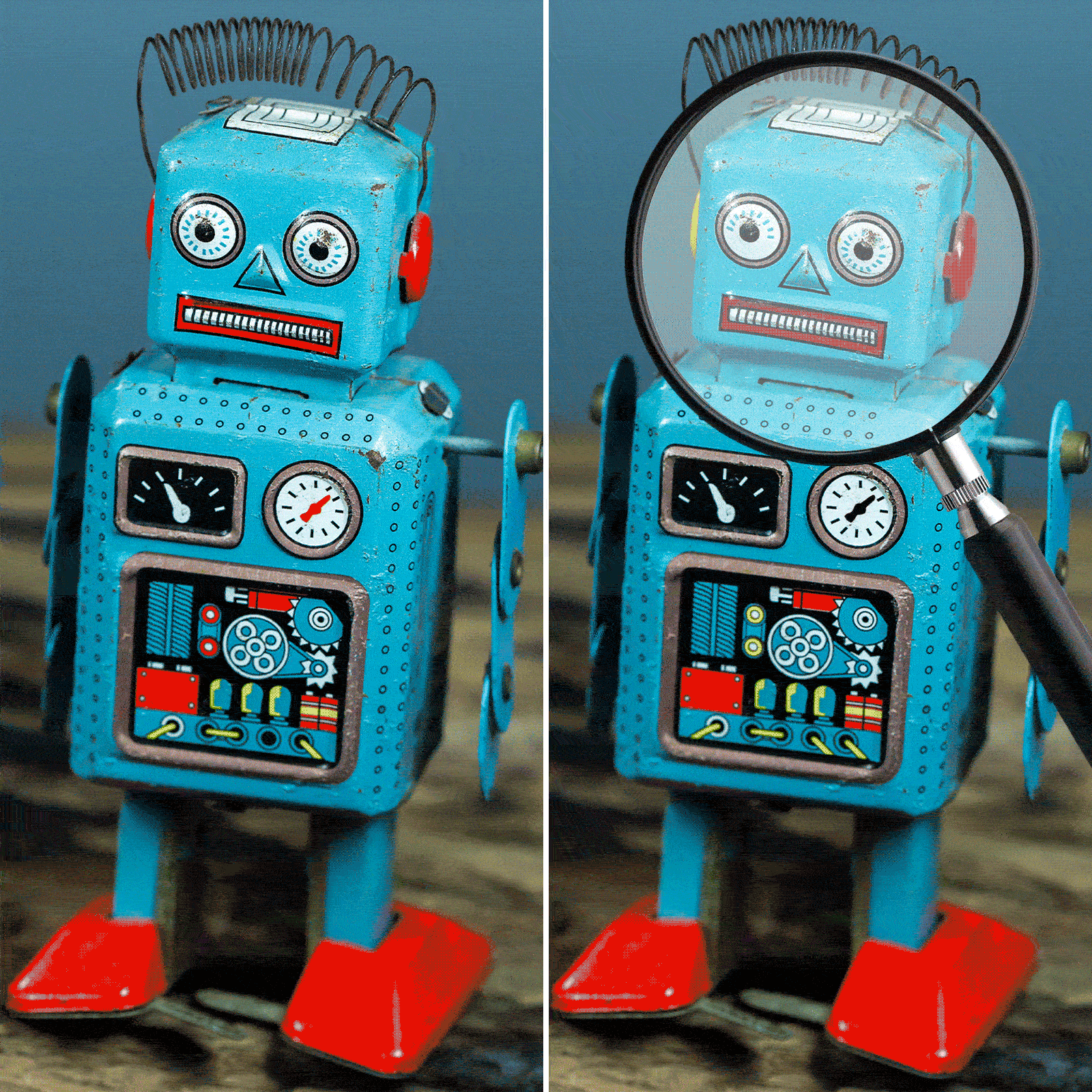 spot the difference photo of a blue robot side by side with magnifying glass circling around the photos