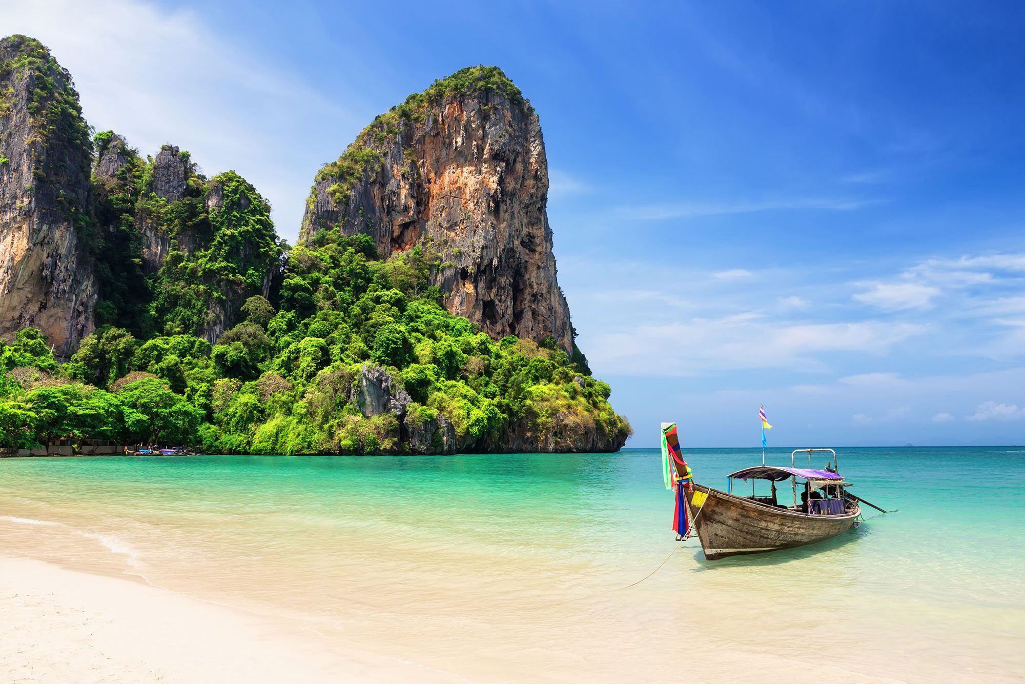 Thai Traditional Wooden Longtail Boat And Beautiful Sand Railay Beach In Krabi Province Ao Nang Thailand